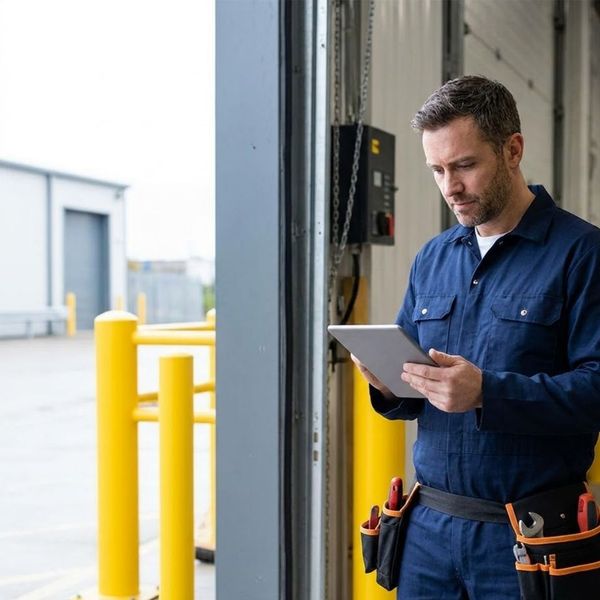 A technician uses a tablet and tools to inspect a large industrial door.