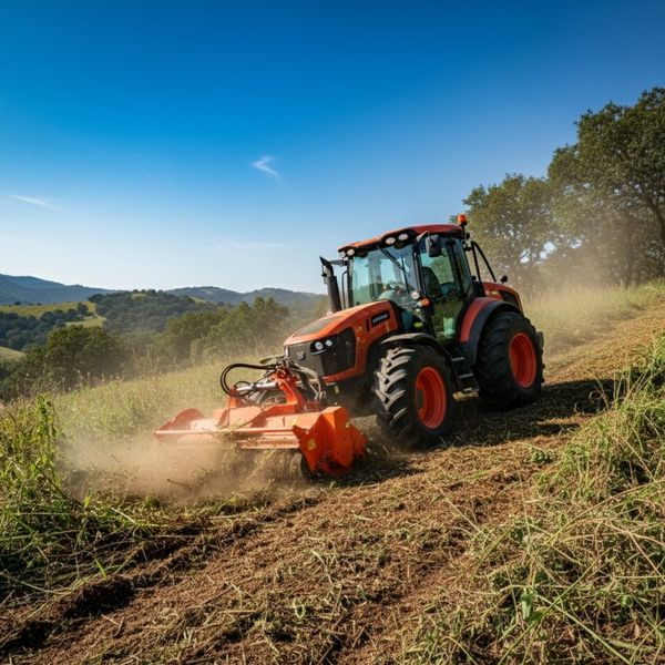A powerful orange tractor with a brush cutting attachment is actively clearing dense green underbrush on a sunny, sloped hillside with scattered trees in the background.
