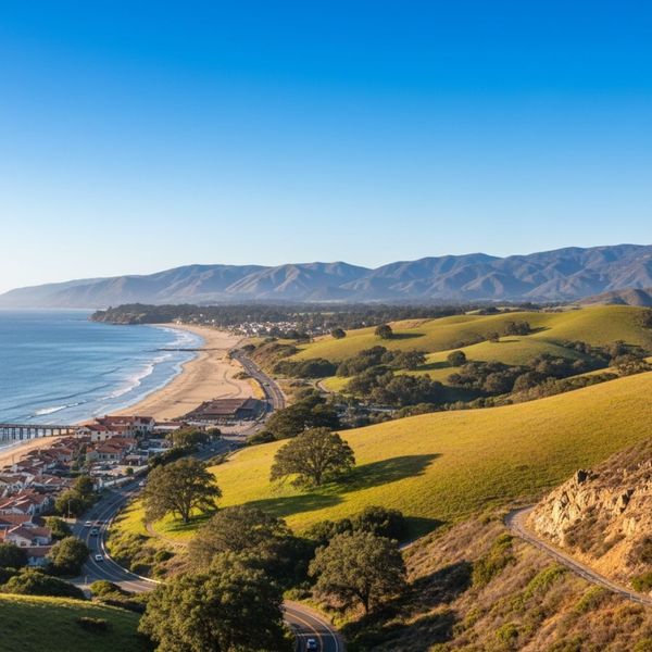 An expansive, elevated view of the California Central Coast, showing a town and pier along a wide sandy beach, backed by rolling green hills, a winding road, and distant mountains under a clear blue sky.