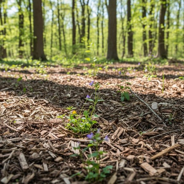 Wood chip mulch on a forest floor with small green plants and purple flowers peeking through, under the soft focus of tall trees and dappled sunlight.