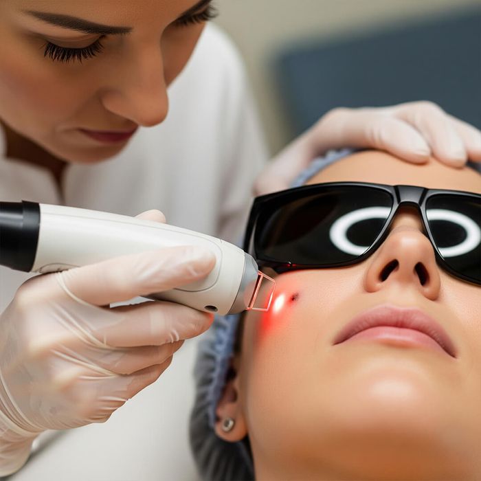 A professional performing a gentle laser treatment on a client's cheek to address skin spots. laser.jpg
