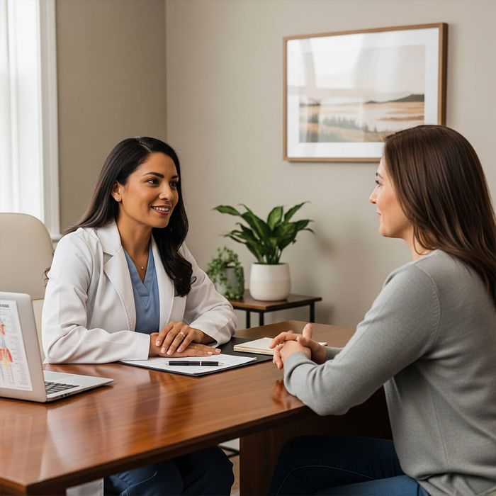 A caring healthcare professional speaking with a client in a private consultation, offering guidance. consultation.jpg