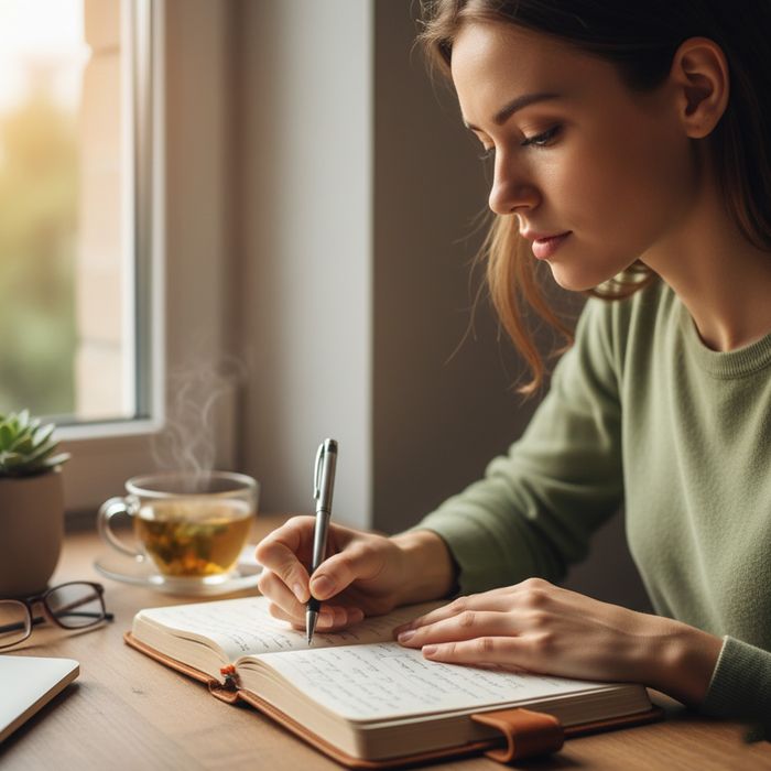 Woman writing in journal with thoughtful, focused expression journal.jpg