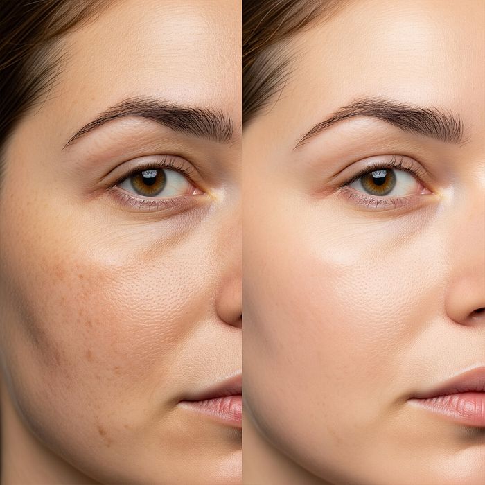 A side-by-side comparison of skin with hyperpigmentation before and a clear, even complexion after treatment. beforeafter.jpg