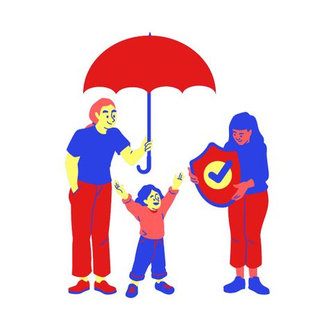 family with umbrella and shield