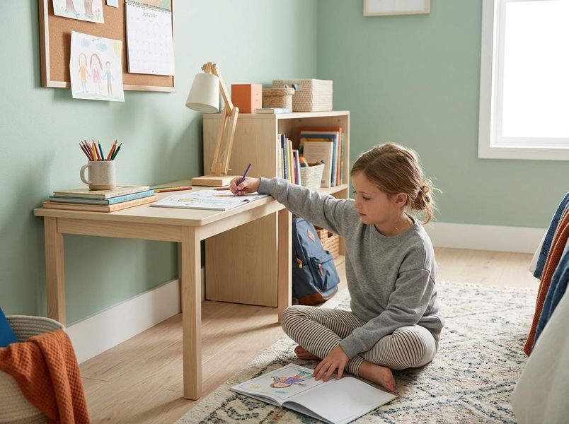 Young girl coloring in her room