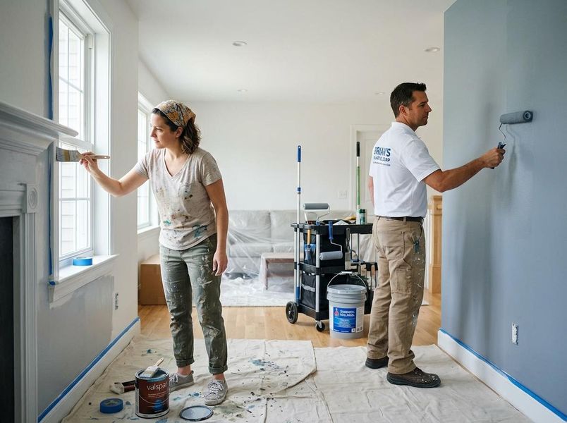 Professional painters applying fresh coat to interior walls