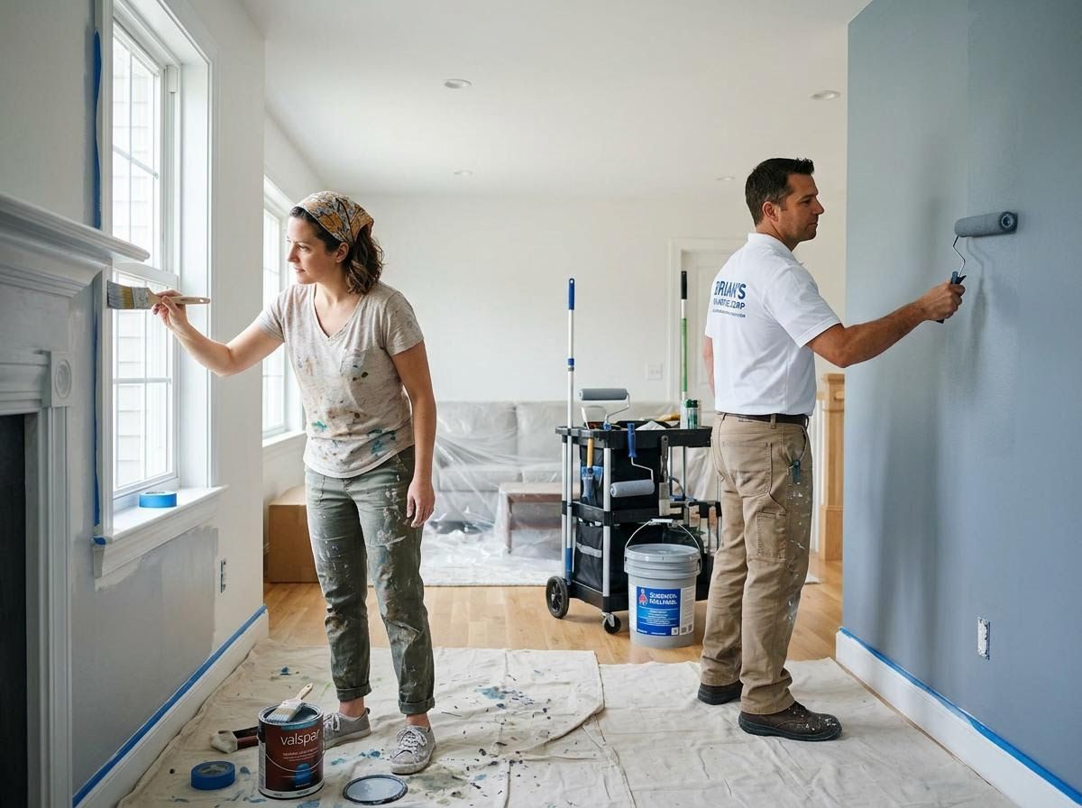 Professional painters applying fresh coat to interior walls
