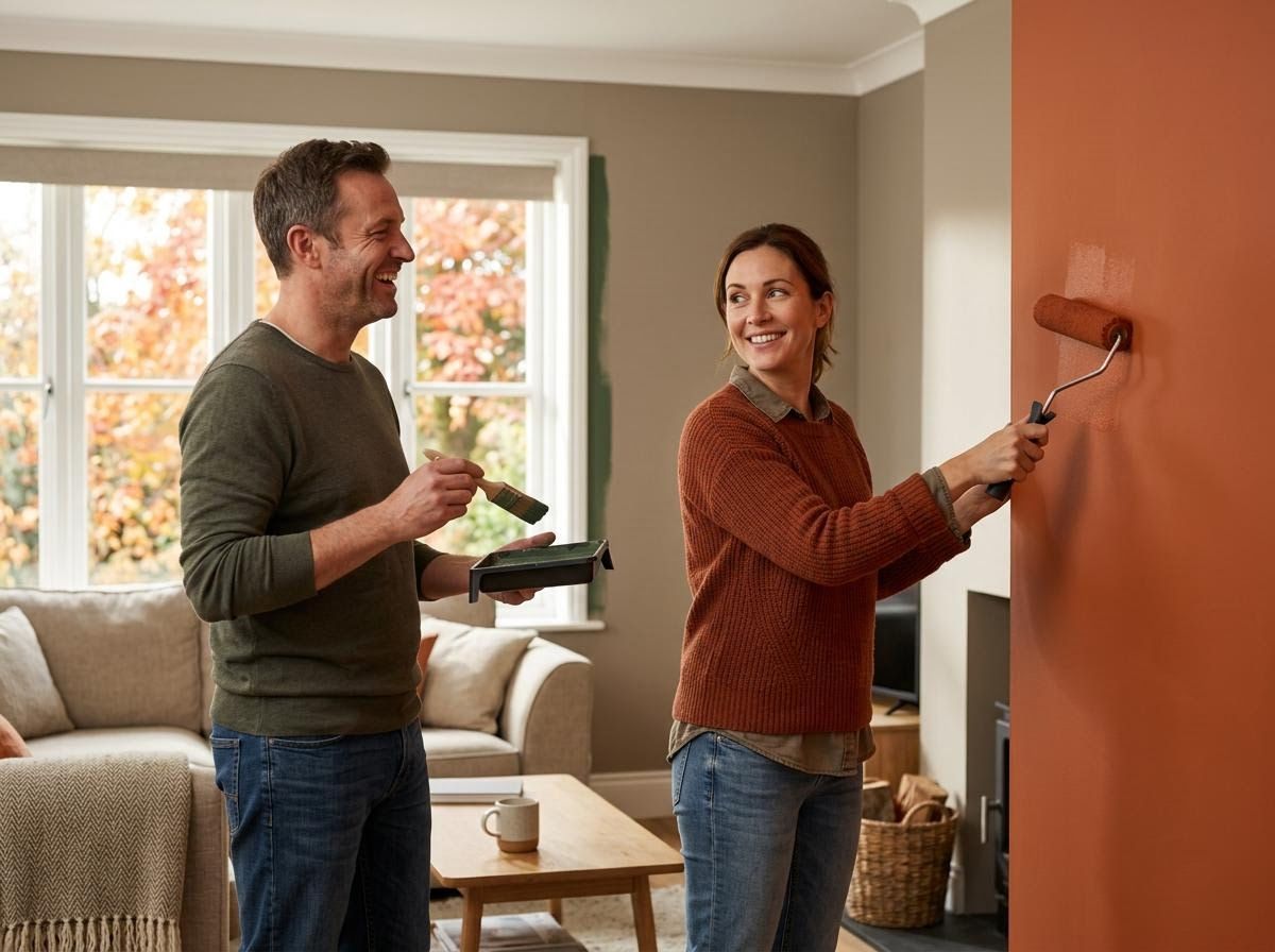 Happy Couple Painting Living Room Wall