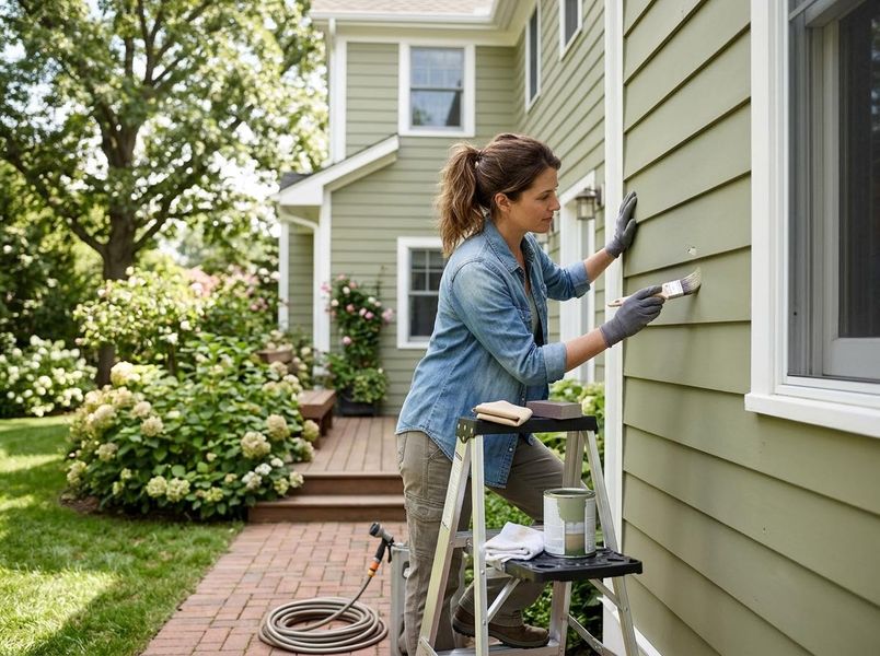 Woman Painting House Exterior Siding