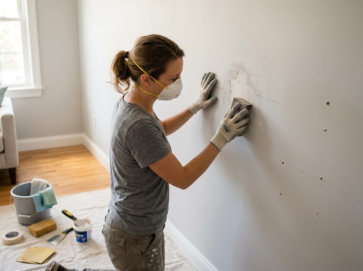 Woman sanding a wall during home renovation