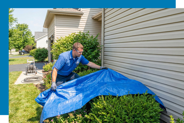 a power washing technician covering plants near a home