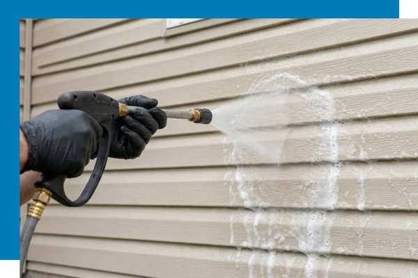 Spray cleaning vinyl siding