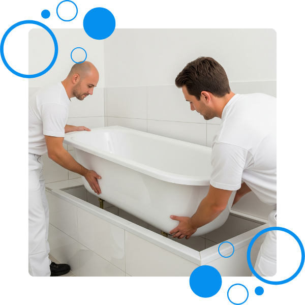 Two professional installers work as a team to carefully lower a new white bathtub into place during installation.