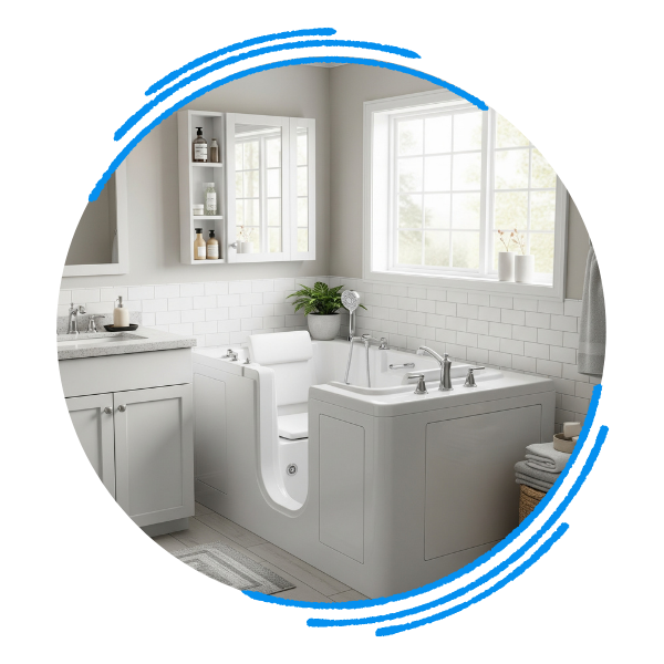 A bright, clean bathroom with a white walk-in tub, a large window, and a functional vanity.