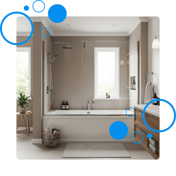 A modern bathroom featuring a shower and tub combo with a glass partition, a rainfall showerhead, and a wood vanity.