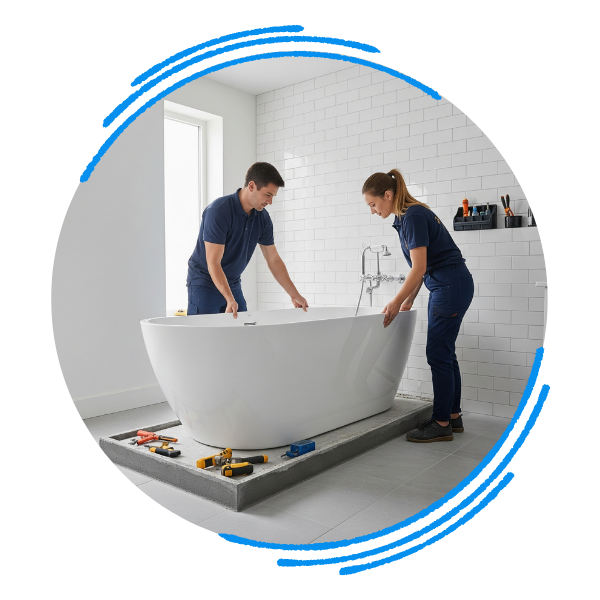 Two professional installers working as a team to place a new white bathtub in a clean bathroom with white subway tile walls, with tools laid out on the floor.