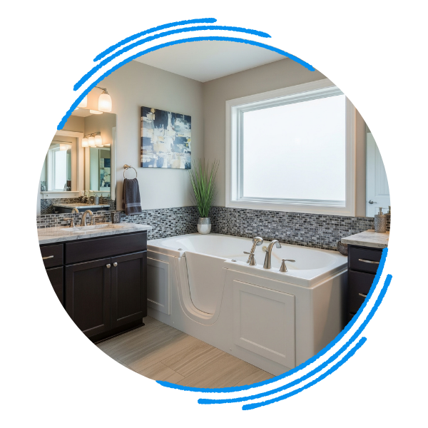 A customized walk-in bathtub in a modern bathroom with dark wood vanities and blue tile accents.