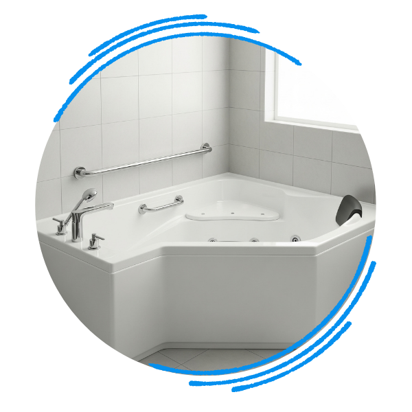 An accessible bathtub with a built-in corner seat and a secure, chrome grab bar mounted on the tiled wall.