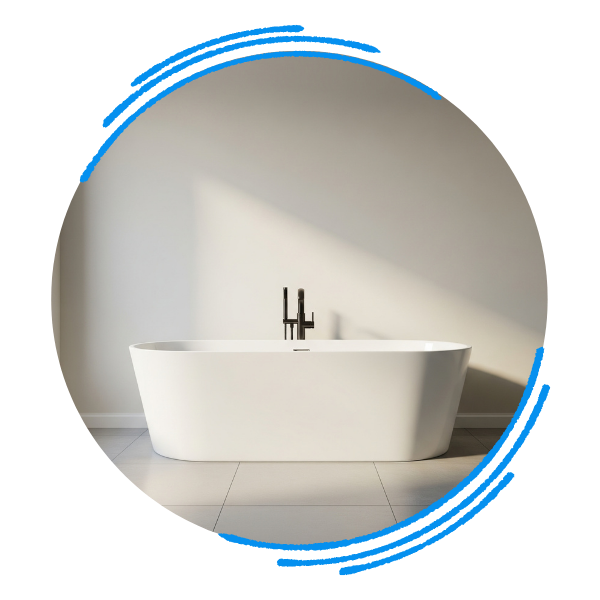 An elegant freestanding bathtub in a simple, realistic bathroom setting with soft, natural light.