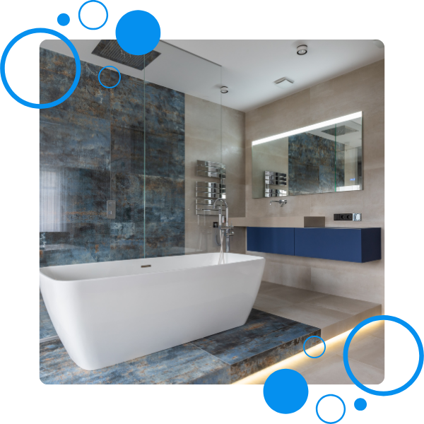 A modern bathroom with a sleek bathtub in front of a standing shower
