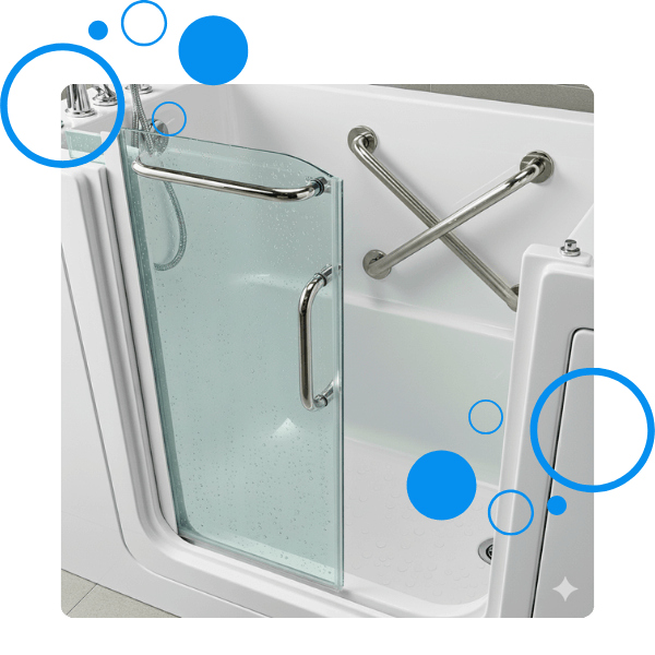 Close-up of a walk-in bathtub's safety features, including the low door and grab bar. clinch2.png
