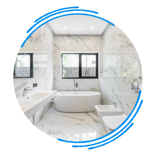 White marble bathroom with tub in the center