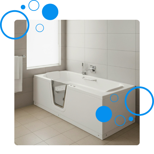 A sleek, modern walk-in bathtub with a seat and safety bars is featured in a clean, well-lit bathroom. candler2.png