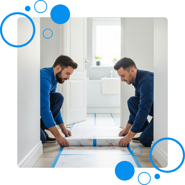 Two Five Star Bath Solutions installers carefully lay protective coverings on a floor, showing respect for the client's home.