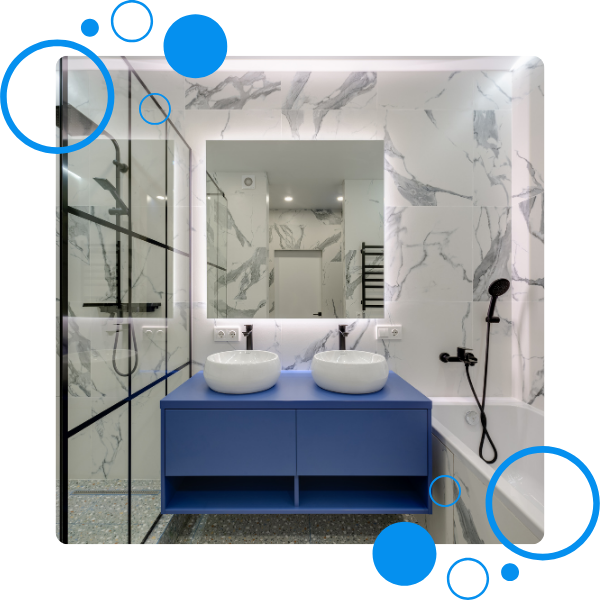 Modern walk in shower with a tub on the other side of a duel bathroom sink
