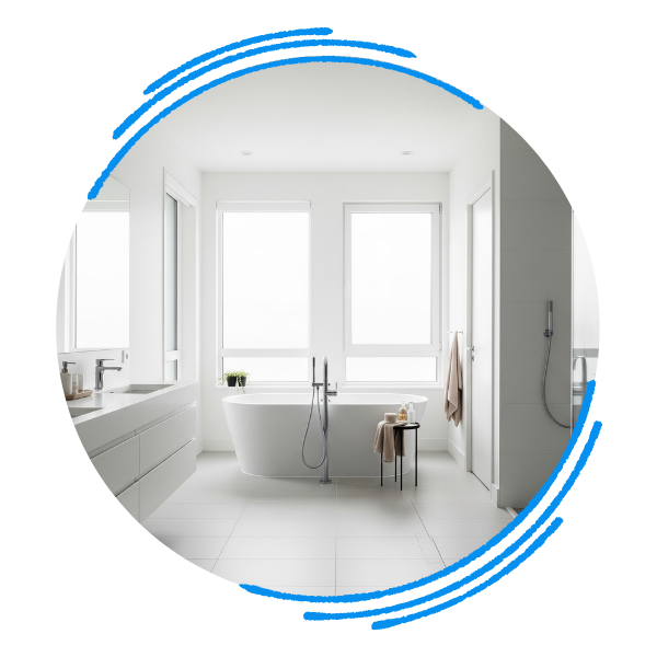 A spacious and bright, modern bathroom featuring a white freestanding bathtub and a glass-enclosed shower.