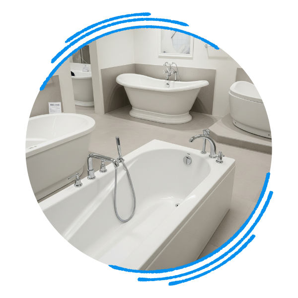 A showroom display featuring several high-quality bathtub styles, including a freestanding soaker tub and a classic alcove model.