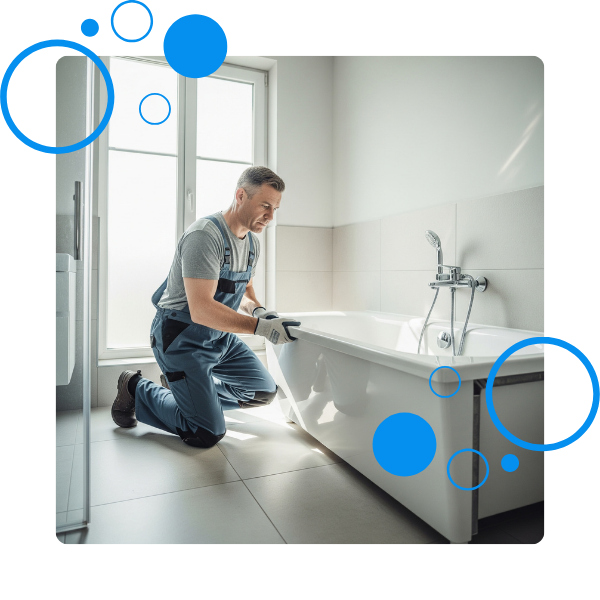 A professional installer carefully placing a new white bathtub in a modern bathroom.