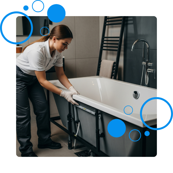 A bathtub installer using tools to put in a new tub