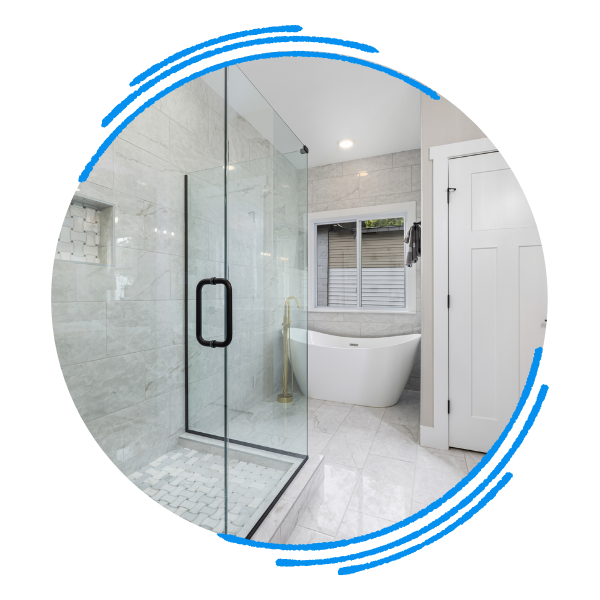 A modern walk-in shower with a bathtub under a window in the background
