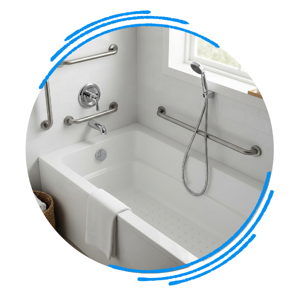 A close-up of a new bathtub featuring important safety enhancements, including secure grab bars and a non-slip floor texture.
