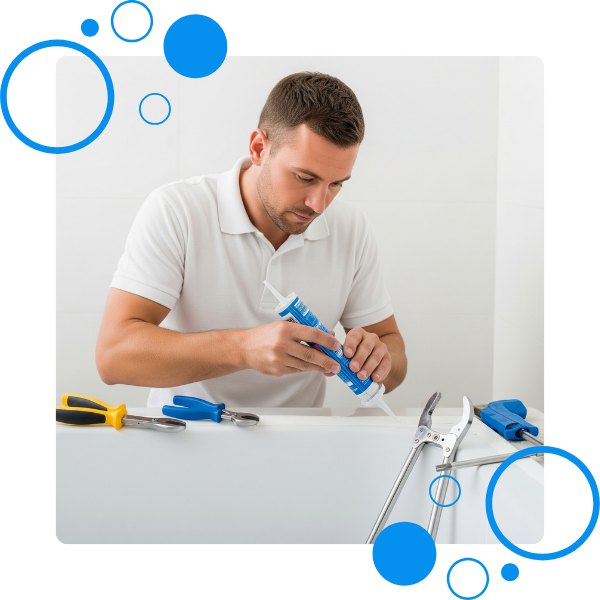  A professional installer in a plain white shirt carefully applies a clean line of caulk to seal a new bathtub installation.