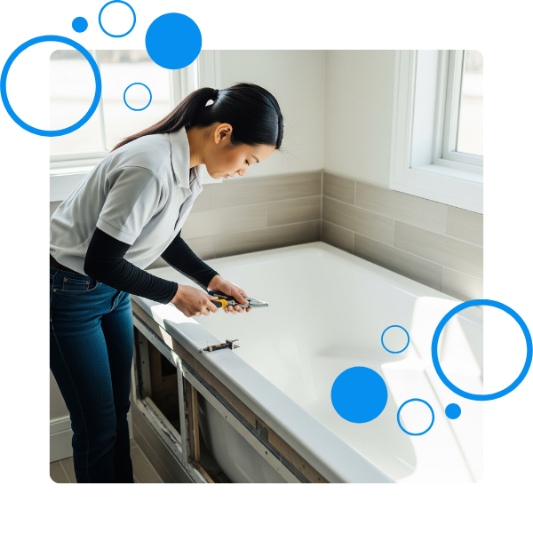 A professional installer wearing work gloves and a polo shirt, meticulously working on the base of a new white bathtub.