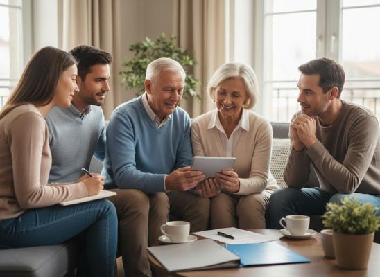 Multi-Generational Family Discussing Documents on a Tablet