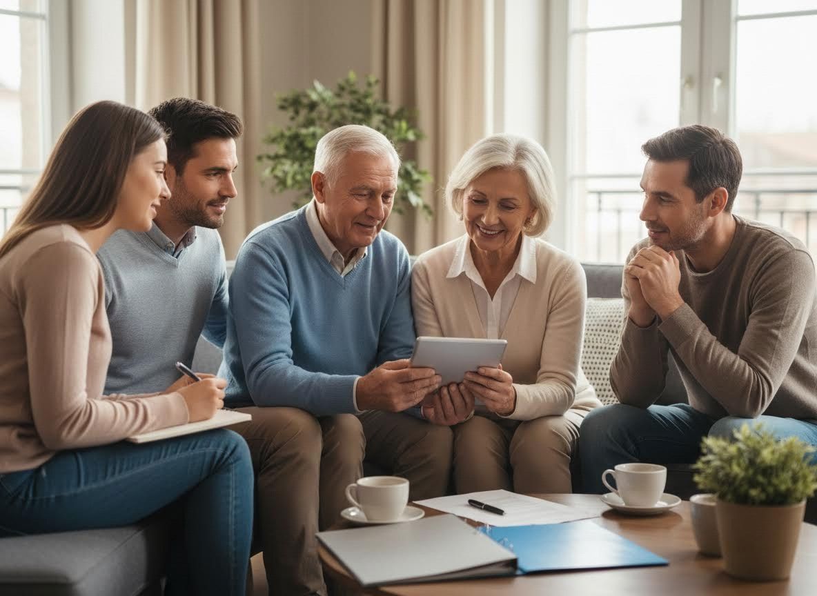 Multi-Generational Family Discussing Documents on a Tablet