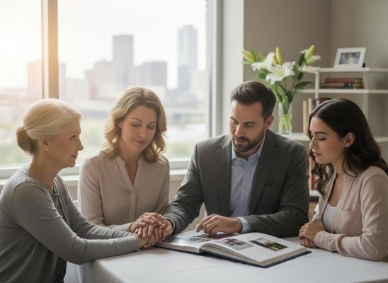 Four people comforting each other over a photo album