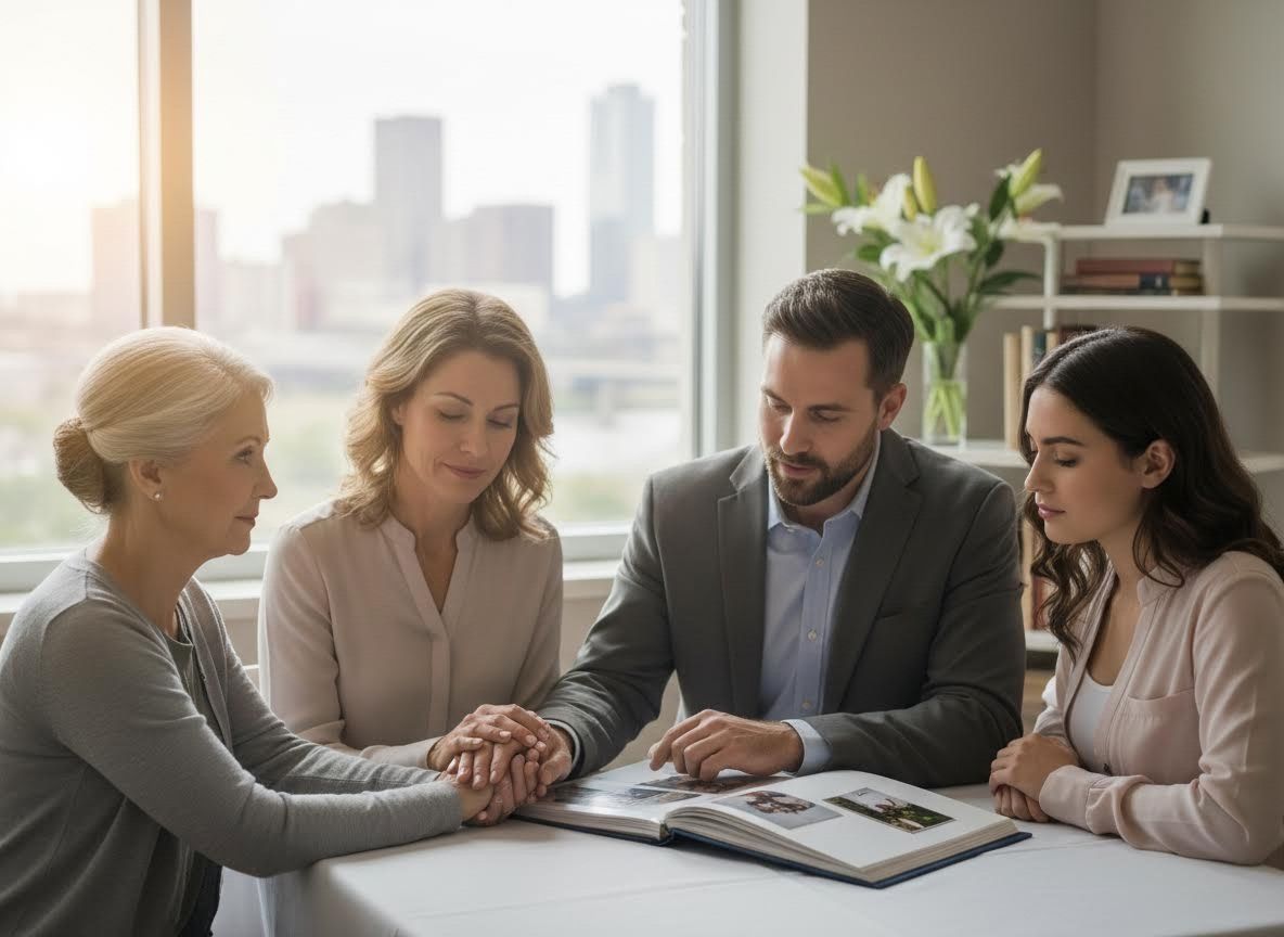 Four people comforting each other over a photo album