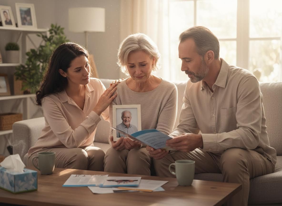 Family grieving with a photo