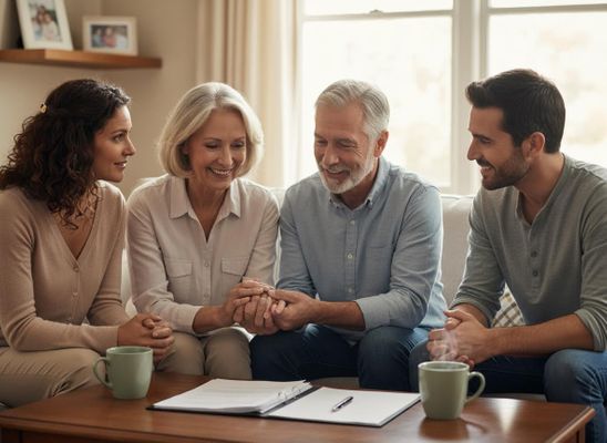 Happy family reviewing documents together