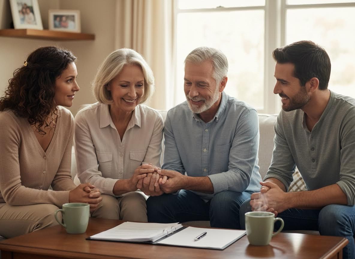 Happy family reviewing documents together