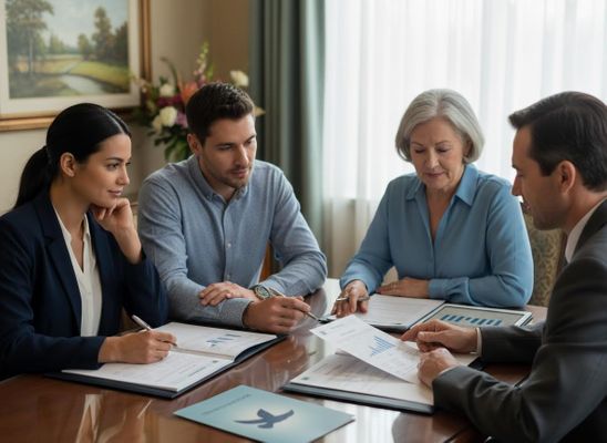 Four people, including an older woman and a young couple, review financial documents and charts with an advisor at a wooden table. Four people discussing financial documents at a table