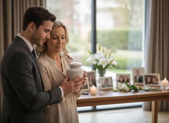 Grieving man and woman holding cremation urn