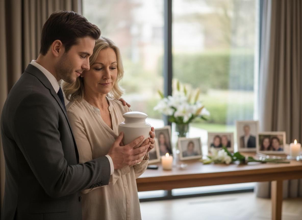 Grieving man and woman holding cremation urn