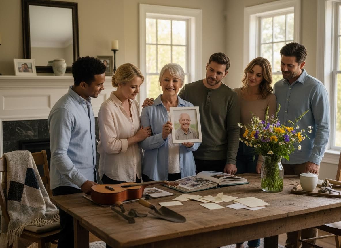 Family remembers a loved one with a framed photo