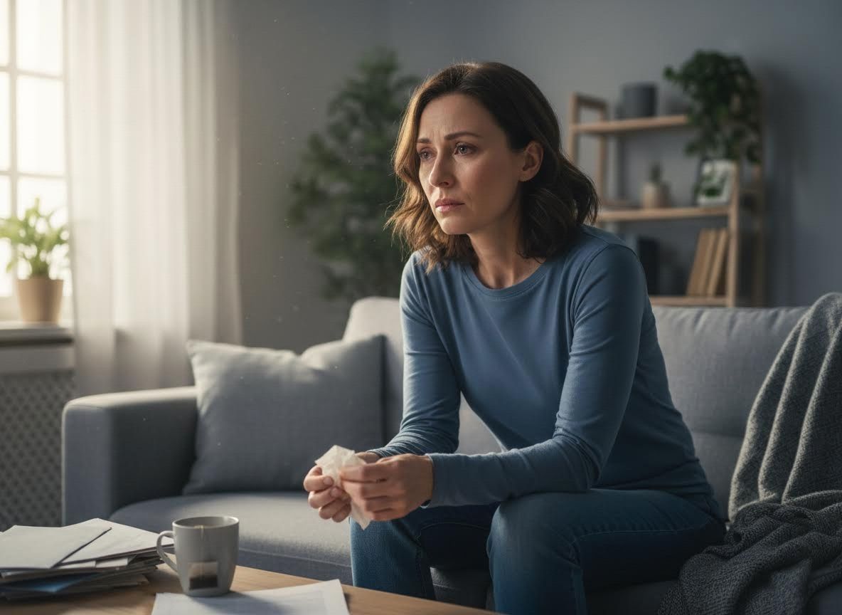 Woman feeling sad and worried at home